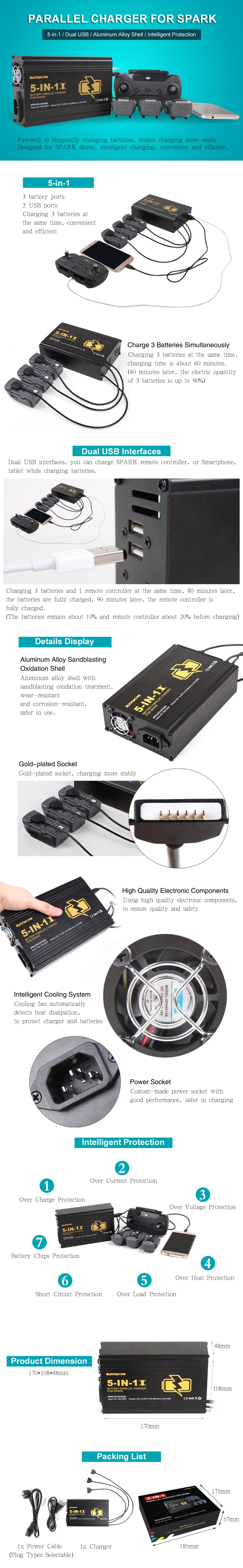 5 in 1 Multi Intelligent Parallel Charger Battery & Transmitter Dual USB Charger For DJI Spark