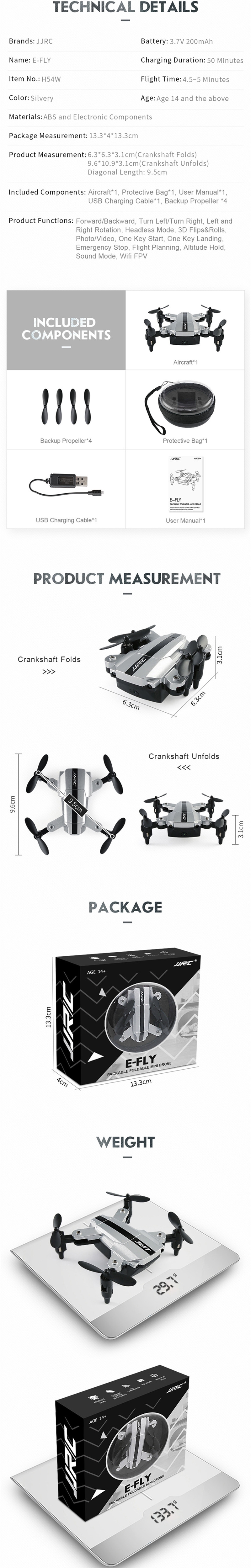 JJRC H54W E-Fly WiFi FPV Mini Foldable Drone With 480P Camera Altitude Hold Mode RC Quadcopter BNF