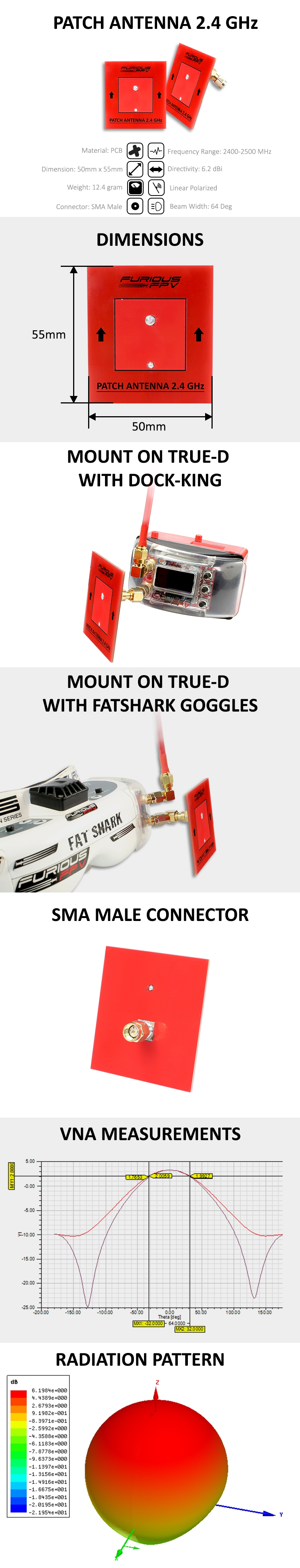 FuriousFPV 2.4GHz 6.2dBi Linear Polarized Patch FPV Antenna SMA Male for FPV Racing RC Drone