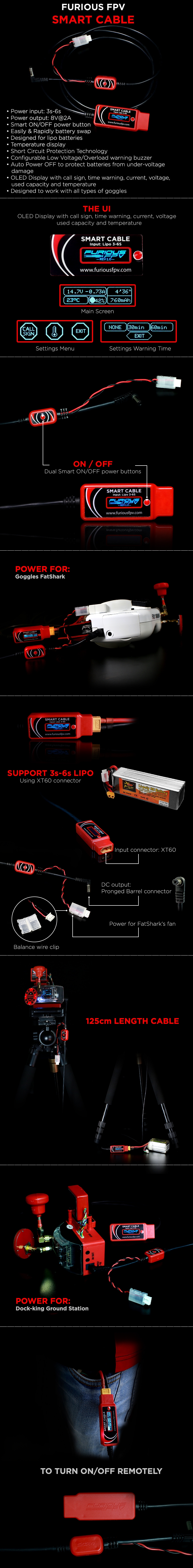 FuriousFPV Smart Cable Wire 125cm Support 3-6S LiPo Battery For FPV Goggles Ground Station