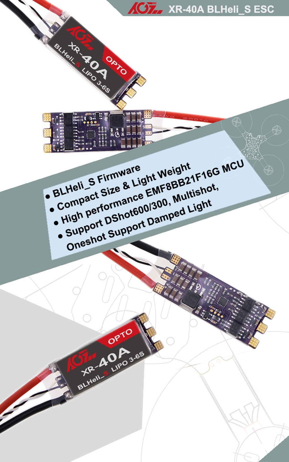 AGFRC XR-40A Dshot600 BLHeli_S 40A Brushless ESC 3-6s Lipo OPTO for RC Drone FPV Racing