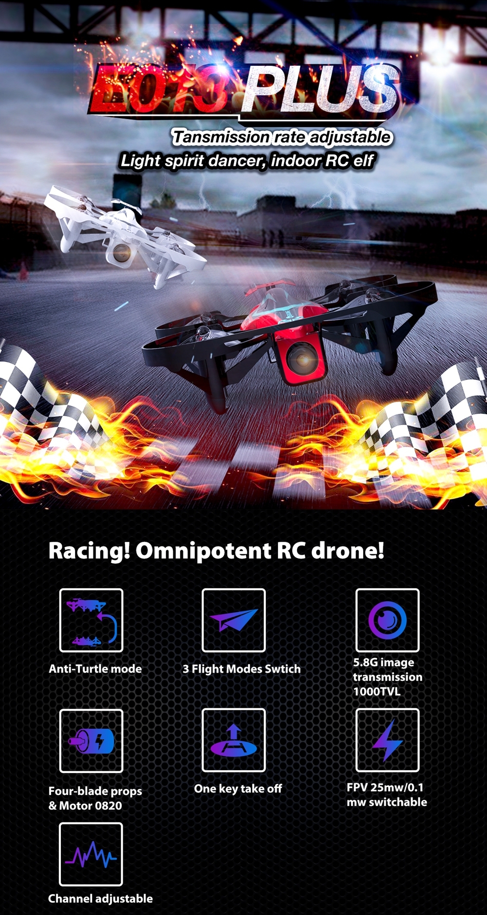 Eachine E013 Plus Micro FPV Racing Drone Anti-Turtle Mode w/ 5.8G 48CH 1000TVL Camera VR006 Goggles