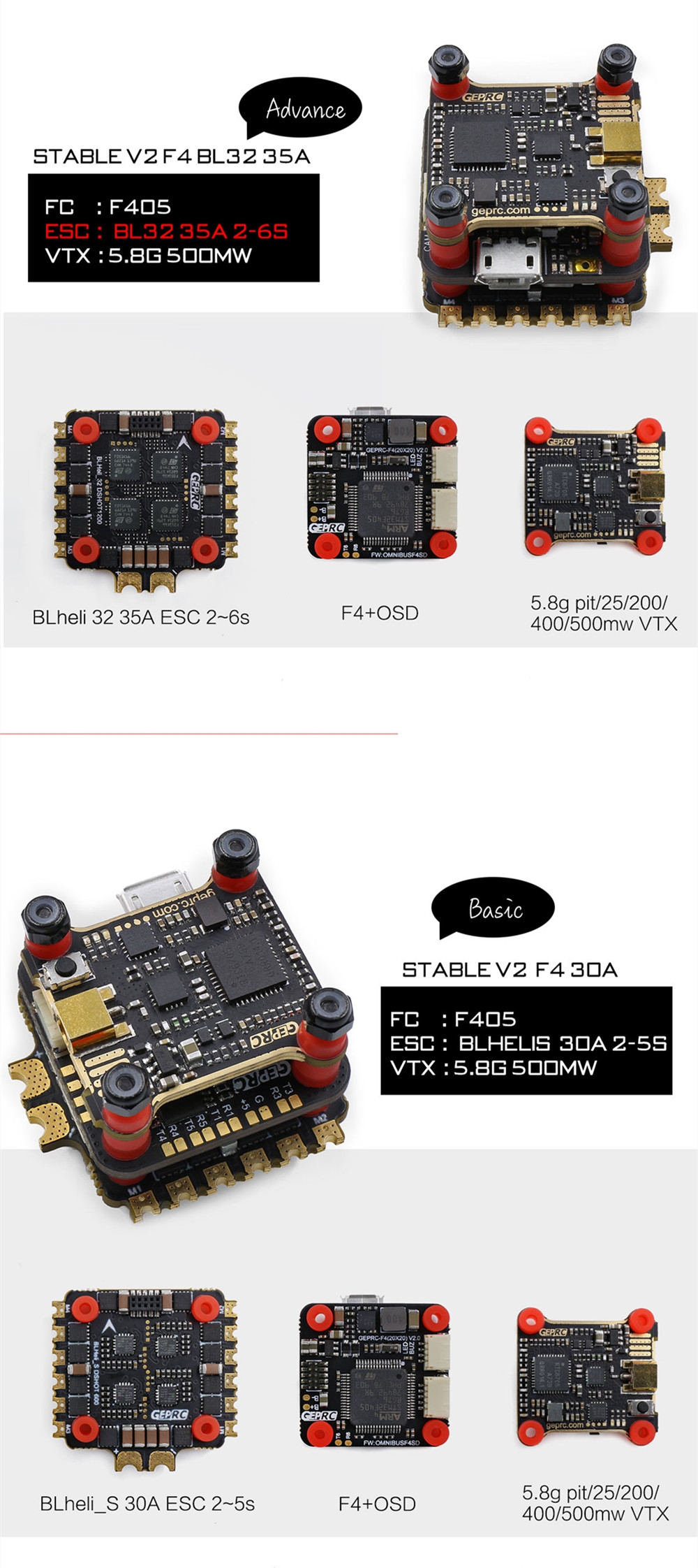 20x20mm Geprc Stable V2 F4 Stack F4 Flight Controller AIO OSD BEC & 30A BL_S / 35A BL_32 4in1 ESC & 500mW VTX for RC Drone