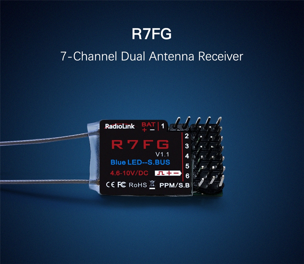 Radiolink R7FG 2.4GH 7CH Dual Antenn Mottagare 2-vägsöverföring Integrerad Gyro för RC6GS RC4GS T8FB Sändare