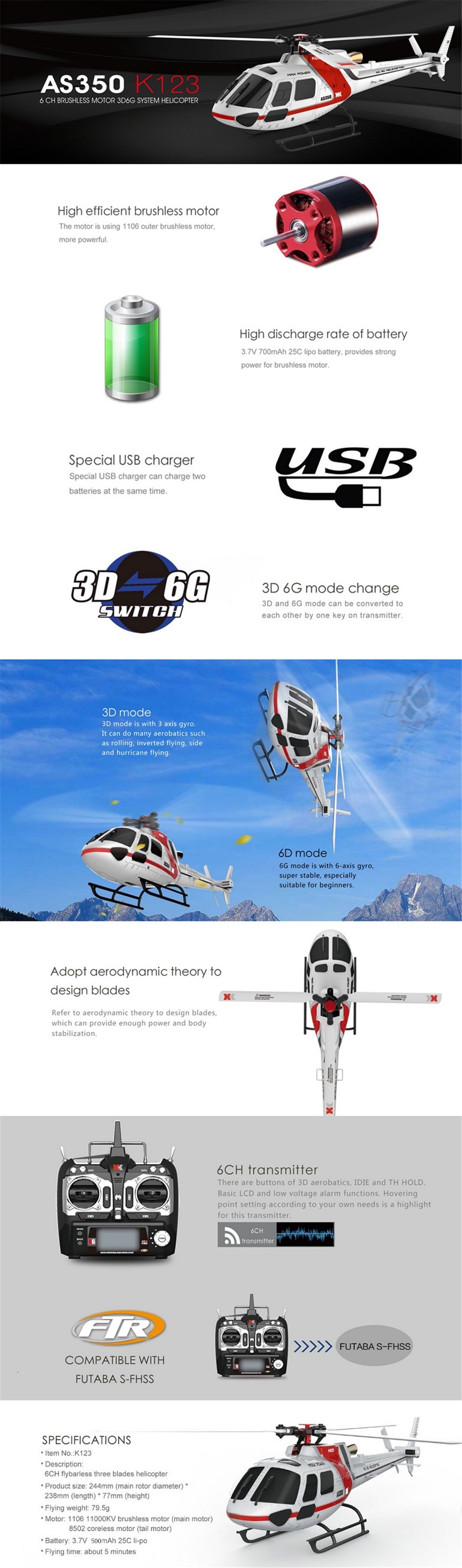 XK K123 6CH Brushless 3D6G System AS350 Scale RC Helicopter Compatible with FUTAB-A S-FHSS 4PCS 3.7V 500MAH Lipo Battery