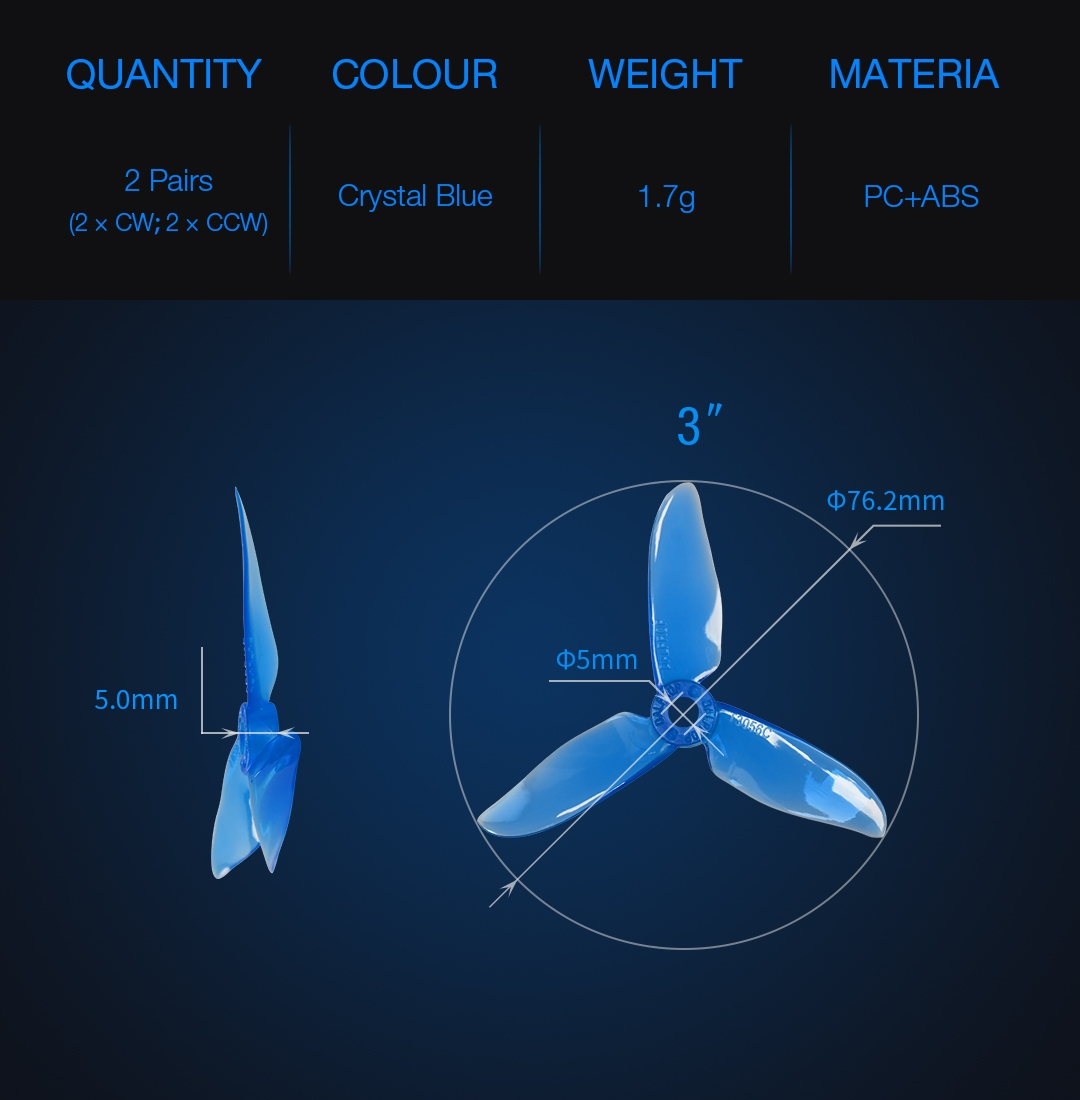 2 Pairs Dalprop Cyclone T3056C PRO 3 Inch 3 Blade Propeller PC+ABS Clover Prop Transparent Blue