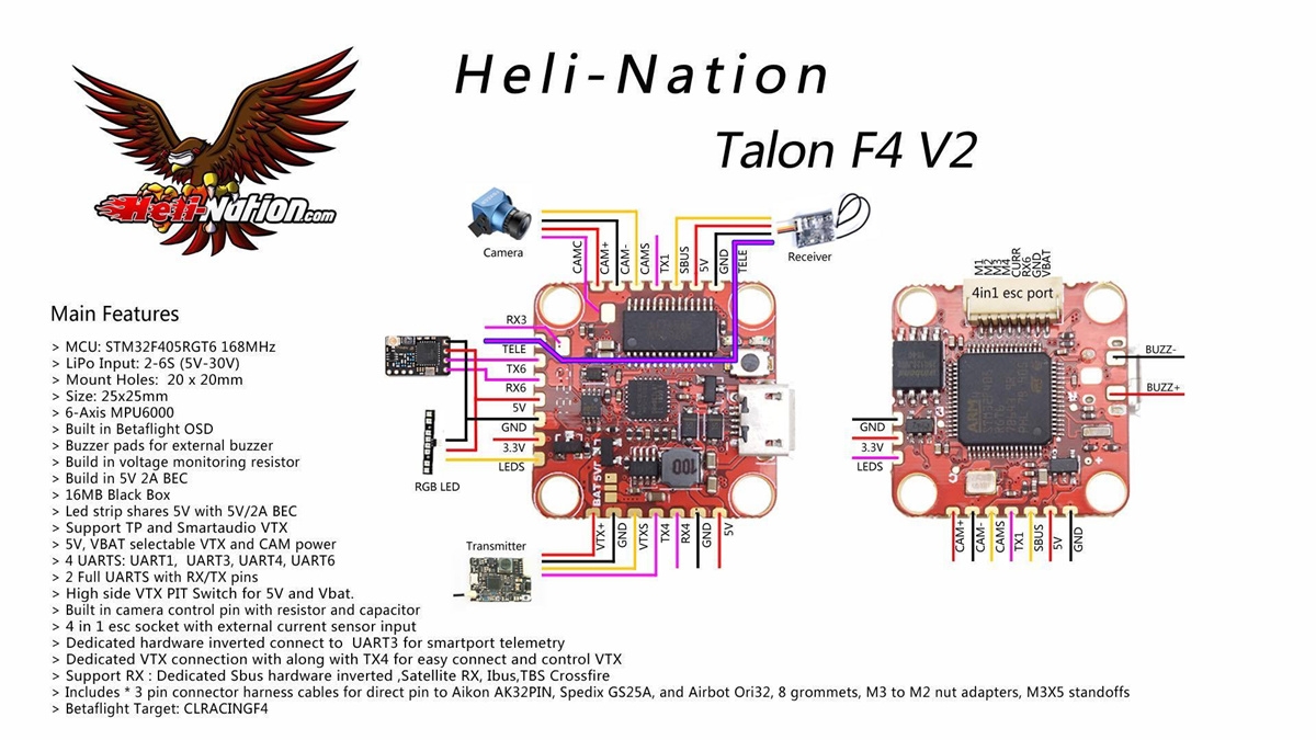 Heli-Nation TA LON F4 V2 20X20 FC Flight Controller VTX Pit Mode 16MB Black Box