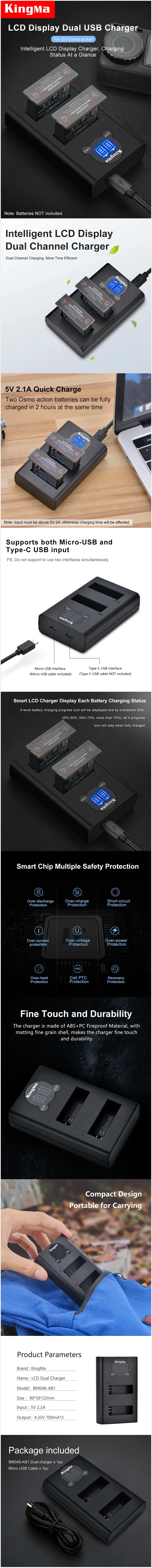 KingMa BM048-AB1 5V/2.1A LCD Display Dual USB Charger For DJI OSMO ACTION Camera