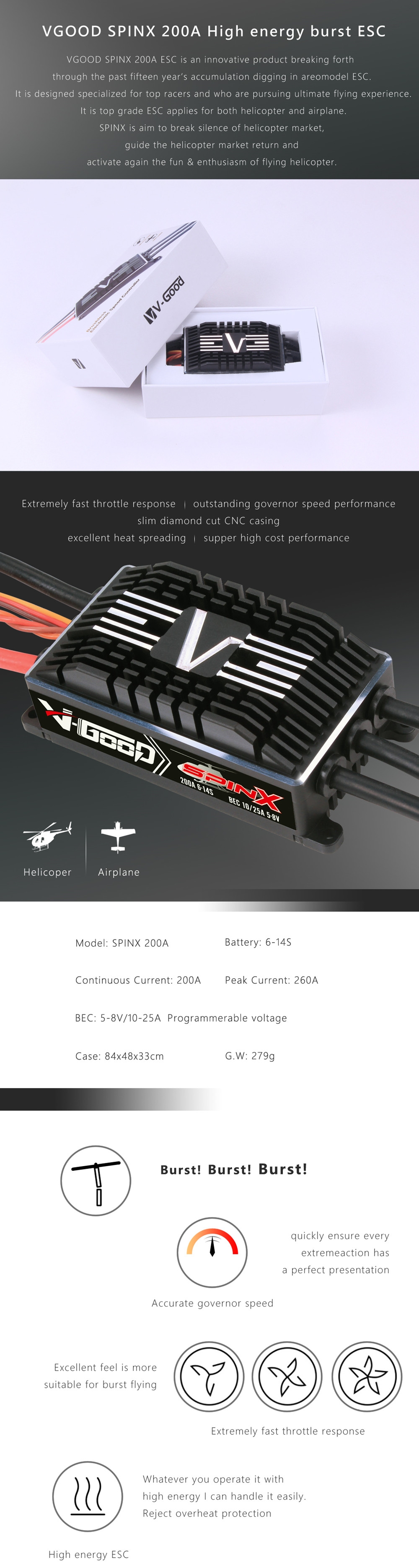 V-GOOD SPINX 200A 5-8V 25A Brushless ESC Support HV 6-14S Lipo Battery For 700 Class RC Helicopter RC Airplane