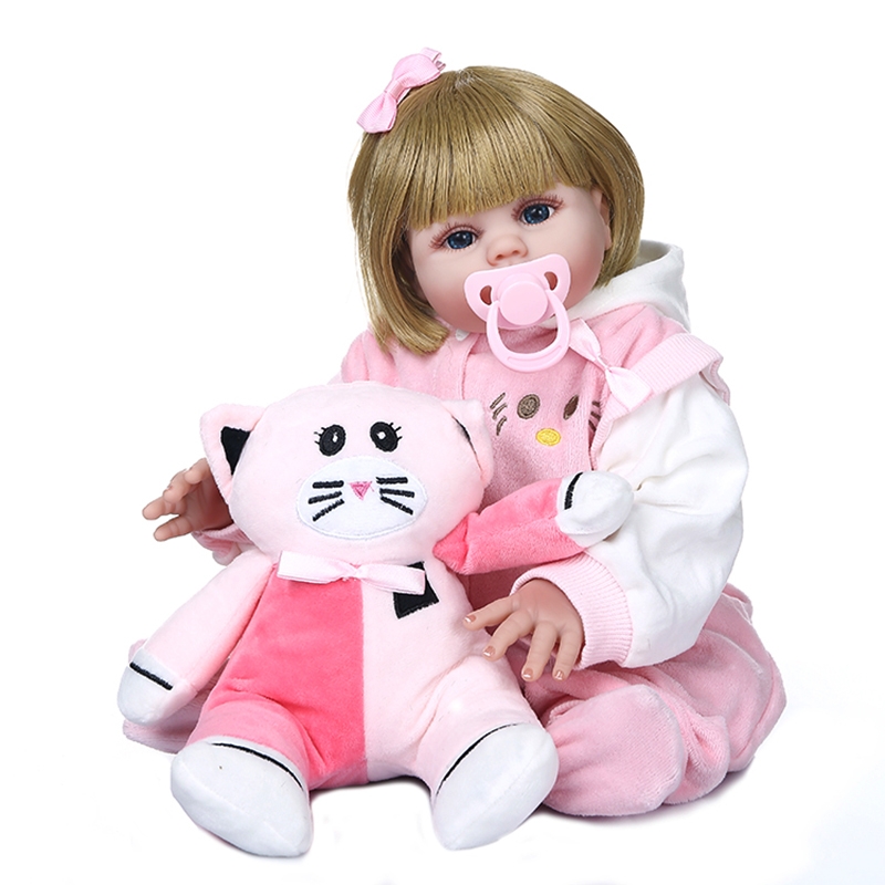 NPK 48CM Handmade Soft Silicone Lifelike Girl Doll Full Body Flexible Reborn Baby Doll with Pink Dress Doll