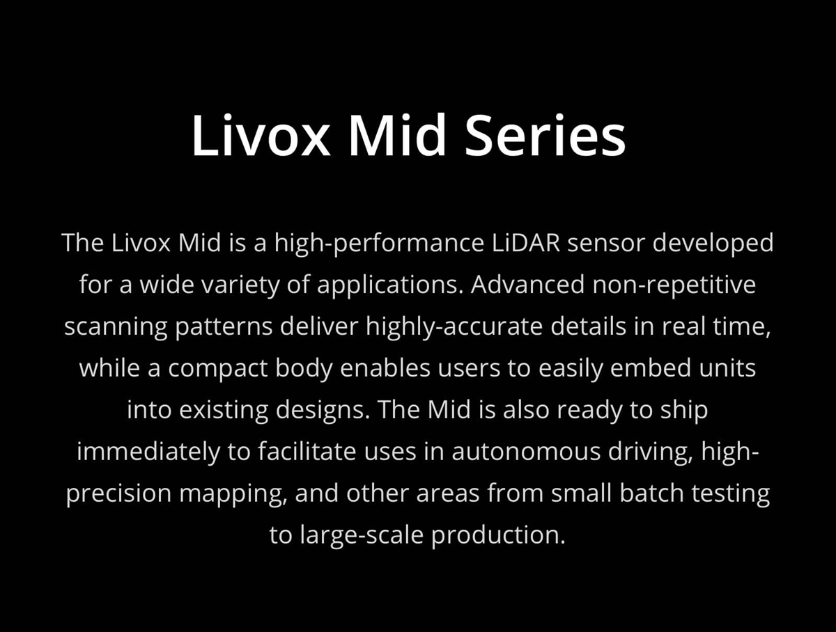DJI Livox Mid-40 Lidar Sensor 10W 260m @80% Reflectivity 2cm 0.1° Range Angular Accuracy for RC Drone UAV Robotics