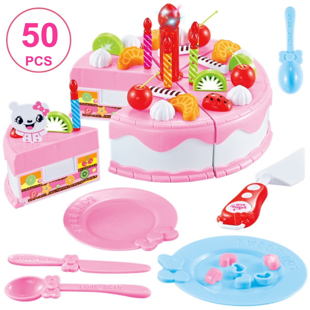 50/66/80PCS Kid DIY Role Play Colorful Birthday Cake Toys with Light for Kids Gift