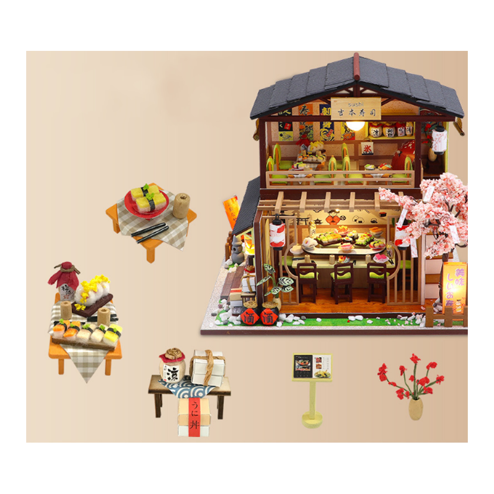 Homeda M2011 Japanese-style Sushi Restaurant DIY Doll House Assembly Cabin Creative Toy With Dust Cover Indoor Toys