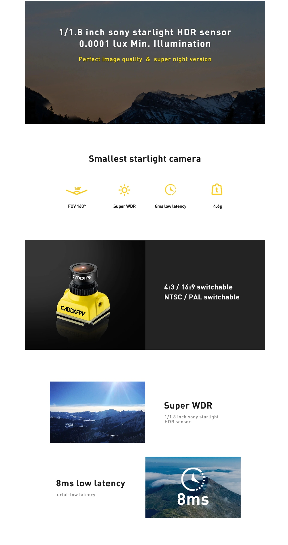 Caddx Baby Ratel FPV Camera 1200TVL 1/1.8 Starlight HDR 0.0001 LUX Night Version with OSD 4.6g Ultra Light for FPV Racing Drone RC Plane