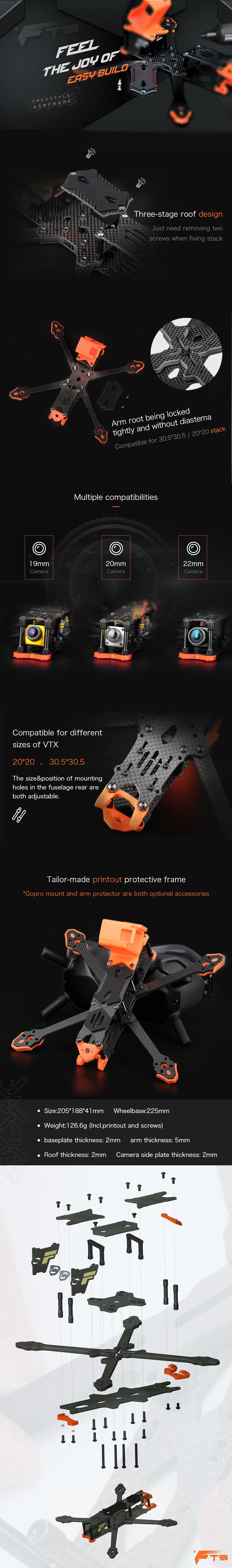 T-Motor FT5 225mm 3K Carbon Fiber 5 Inch Frame Kit Support 20x20mm & 30.5x30.5mm Stack for RC Drone FPV Racing