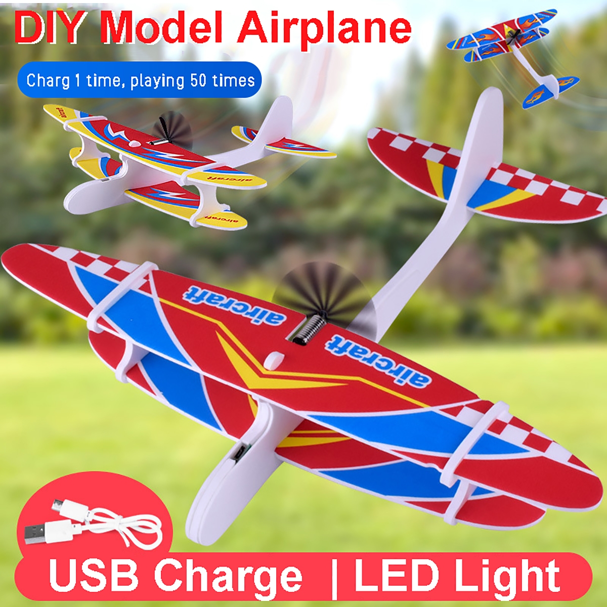 Electric DIY Biplane USB Rechargeable Throwing Foam Aircraft with LED Lights Outdoor Toys for Children