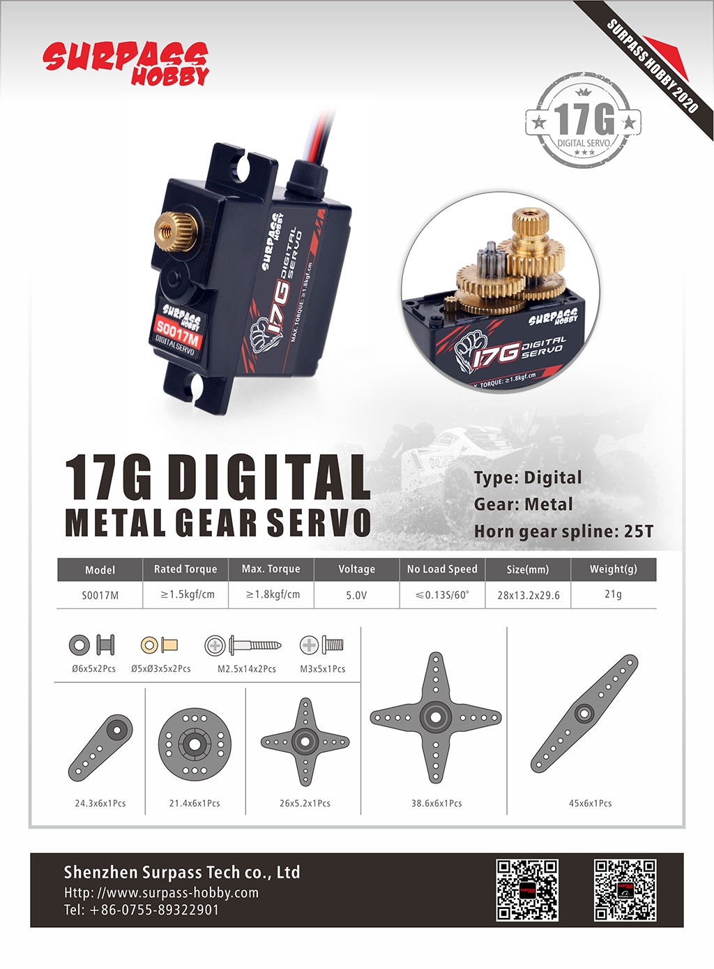 Surpass-Hobby 17g Metal Tooth Digital Steering Gear Servo For Wing Ducted Aircraft Model Ship Toy Car Lot Home Intelligent Robot
