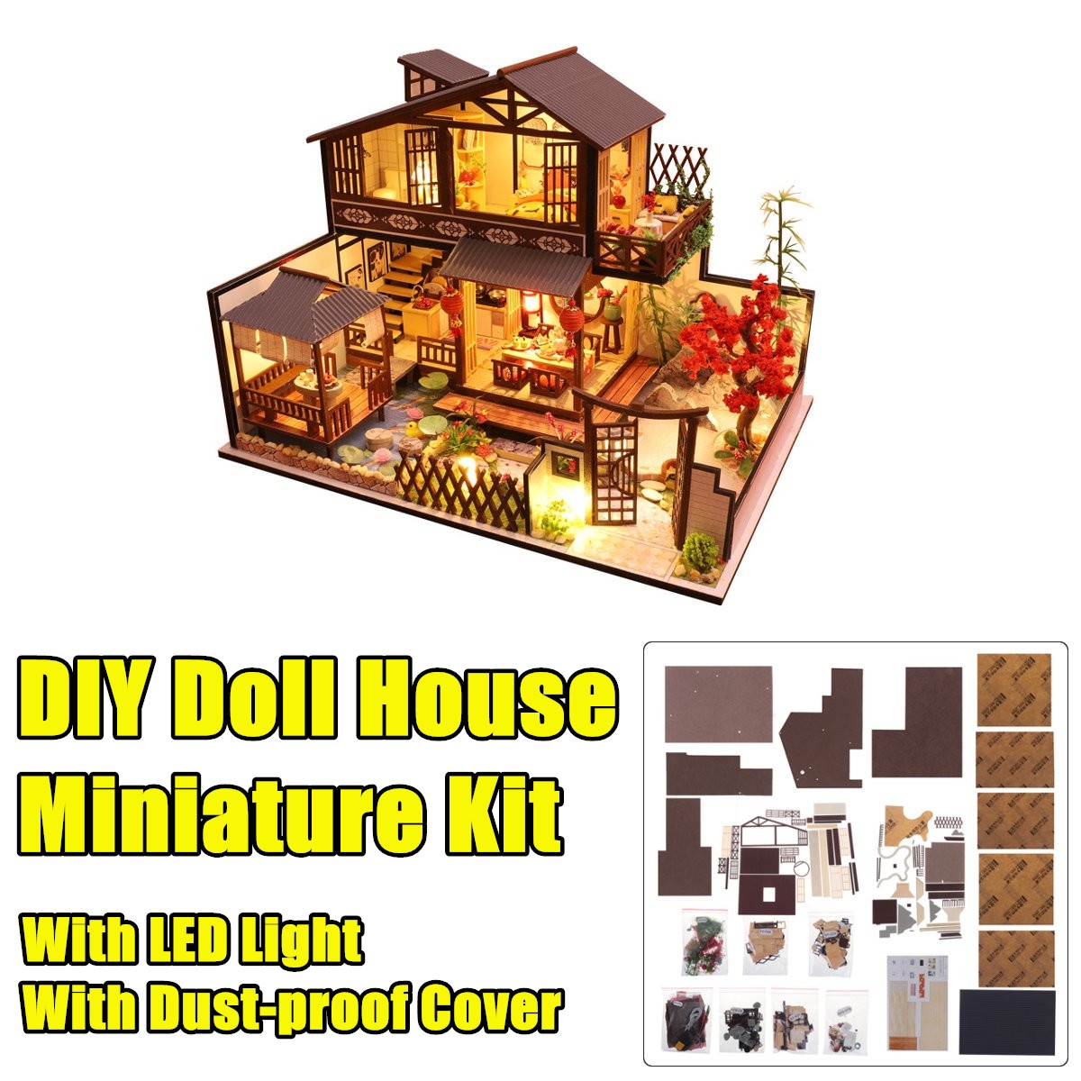 Wooden DIY Courtyard Doll House Miniature Kit Handmade Assemble Toy with LED Light Dust-proof Cover for Gift Collection