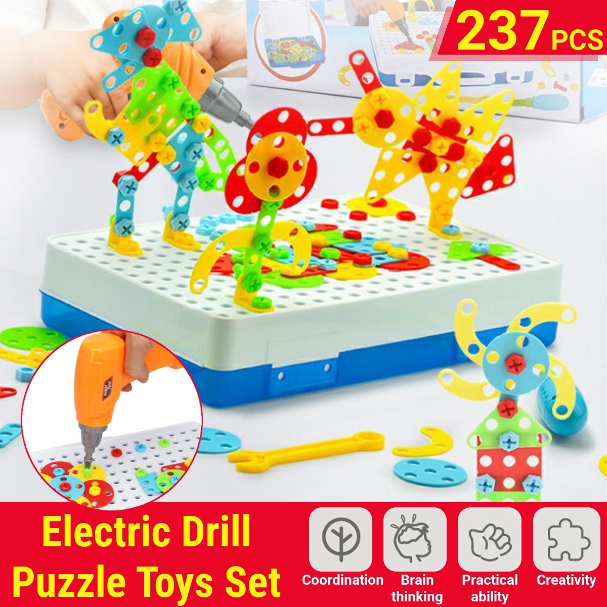 237 Pcs Creative Mosaics 3D DIY Assemble Electric Drill Puzzle Building Blocks Peg Educational Toy for Kids Gift