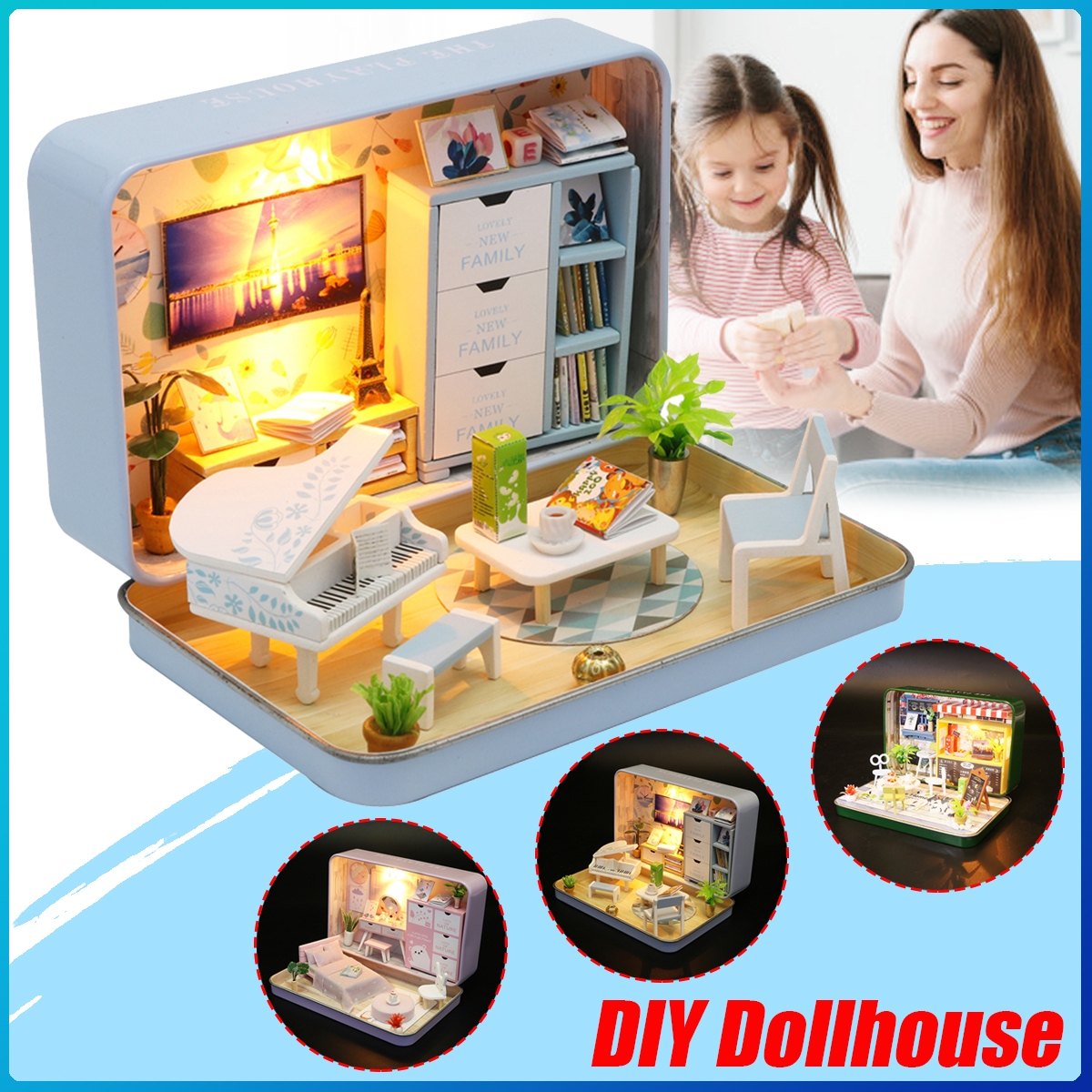 Wooden DIY Handmade Assemble Doll House Miniature Model Kit Toy with Furnitures LED Light Education Toy for Kids Gift Collection