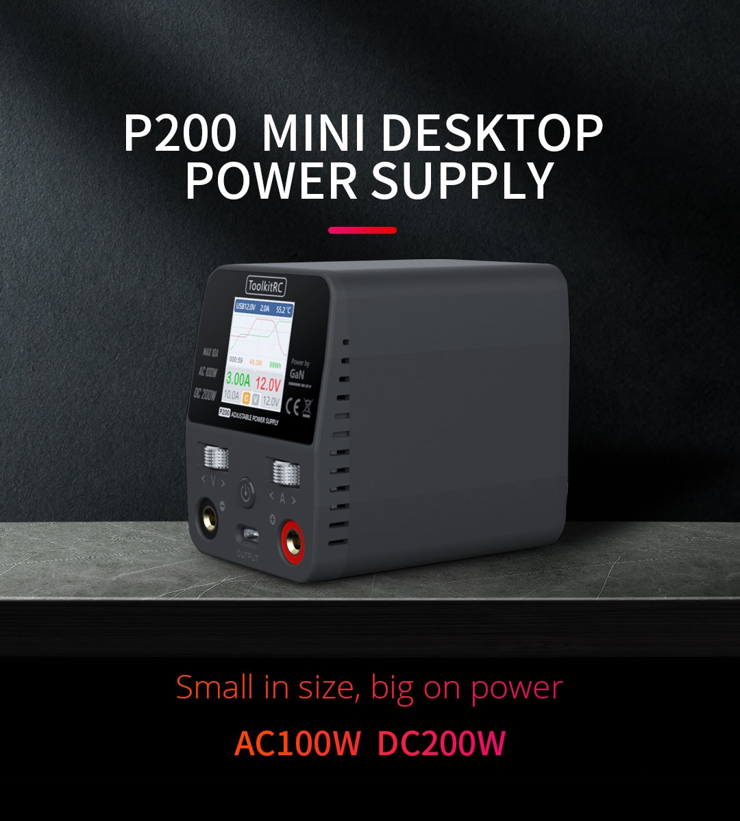 ToolkitRC P200 Mini 30V AC100W DC200W 10A GaN Adjustable Mini Desktop Power Supply USB Output