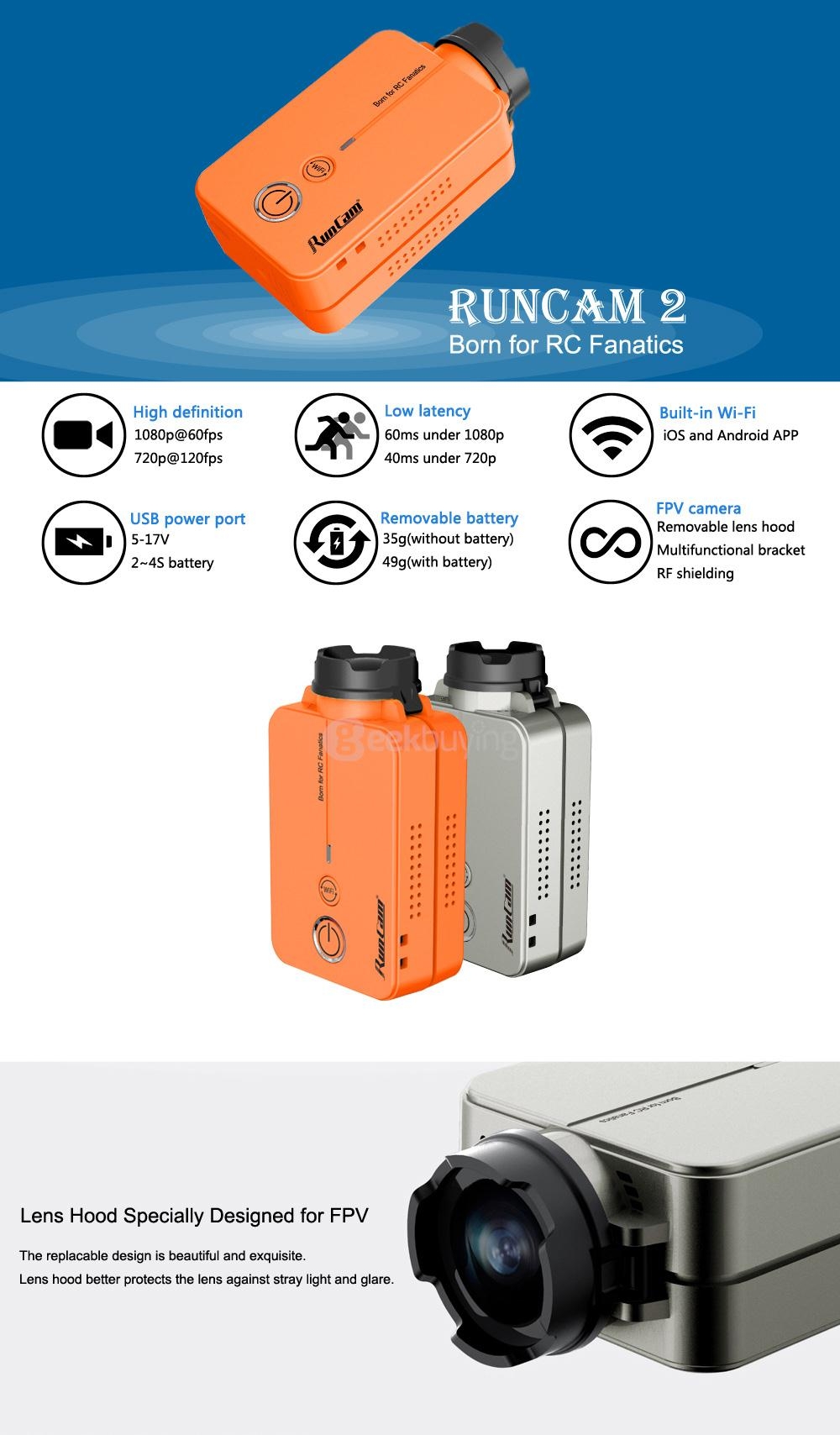 RunCam 2 RunCam2 1080P HD 120 Degree Wide Angle WiFi FPV Camera - Silver