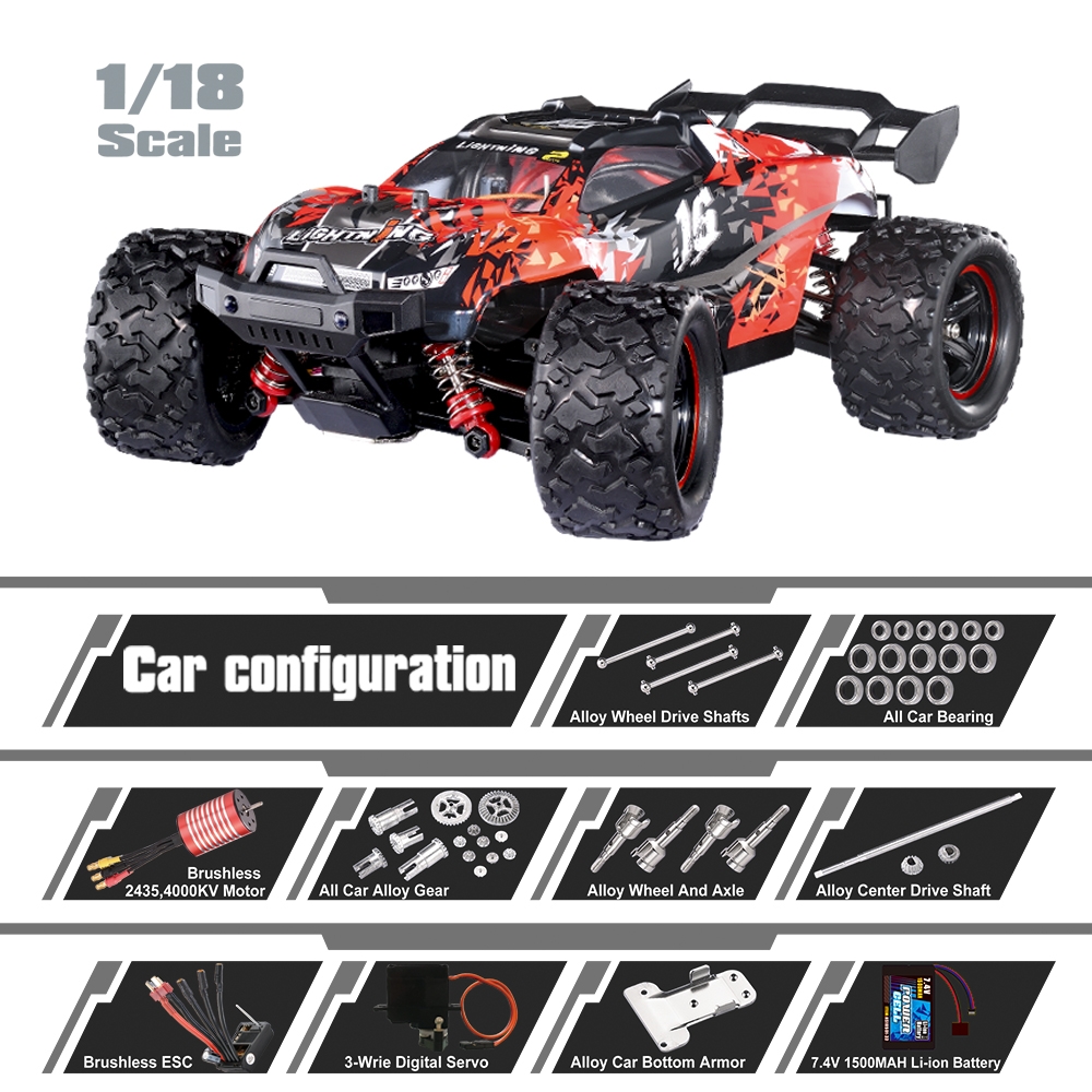 HS18421 18422 18423 1/18 Brushless RC Car With Several Batteries High Speed 60km/h Off-Road 2.4G 4WD 7.4V 1500mAh Full Proportional Control Big Foot Waterproof RTR RC Vehicle Models for Kids and Adults
