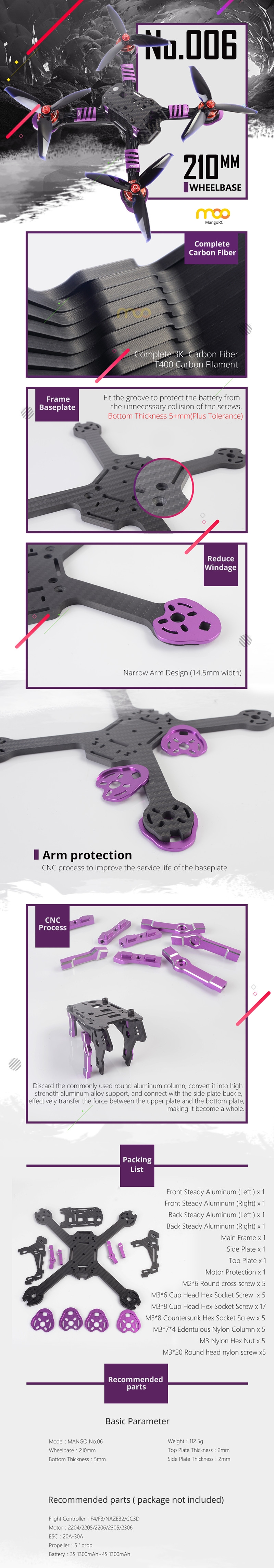 MangoRC NO.06 210mm Full Carbon Fiber Frame Kit 5mm Arm w/ CNC Aluminum Alloy Motor Protection Case