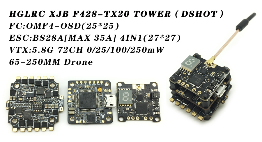 HGLRC XJB F428-TX20 Omnibus F4 Flight Controller 28A 2-4S Blheli_S ESC 25/100/250mW Switchable VTX