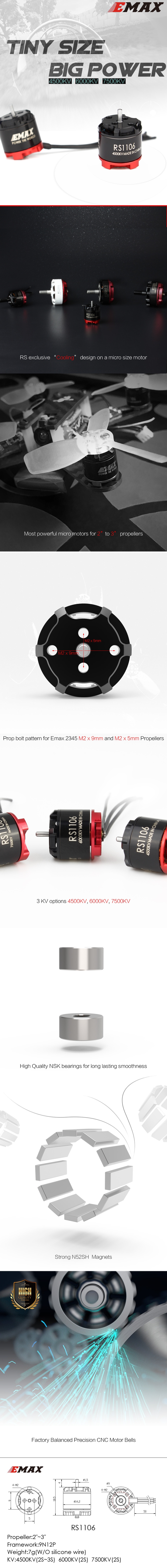 EMAX RS1106 4500KV 6000KV 7500KV Micro Brushless Motor CW Thread for FPV Racer