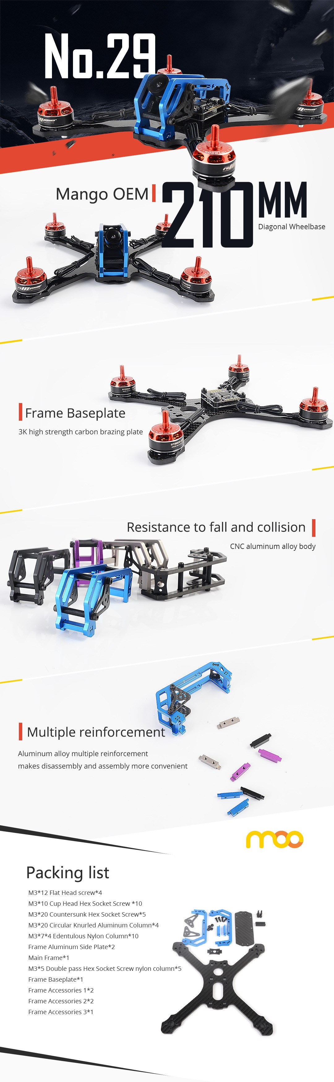 MANGORC No.29 210mm 3K Carbon Fiber Frame Kit with CNC Aluminum Alloy Body  