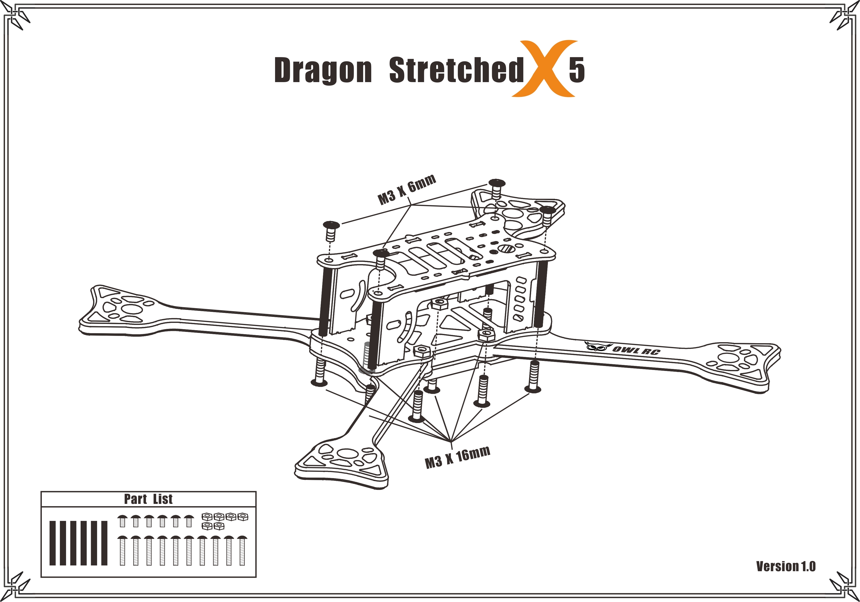 OWLRC Dragon Stretched X5 DSX-5 228mm 5mm Arm FPV Racing Frame Kit 3k Full Carbon Fiber