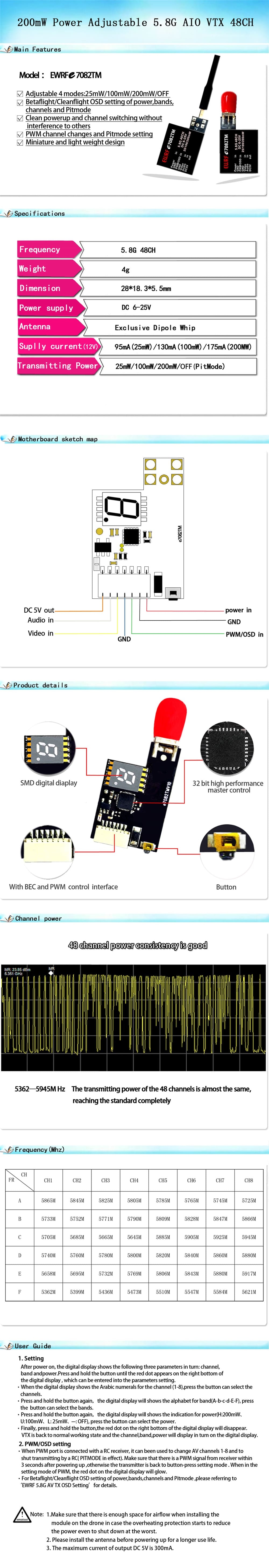 EWRF-e7082TM 5.8G 48CH 25/100/200mW Switchable Transmitter support PWM/OSD