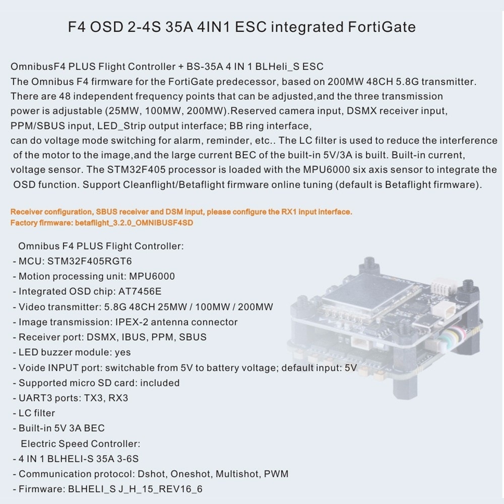 FuriBee F4 PLUS Flytower with F4 Flight Control 4-in-1 BLHeli - S 35A ESC 5.8G 48CH 25MW / 100MW / 200MW Video Transmitter