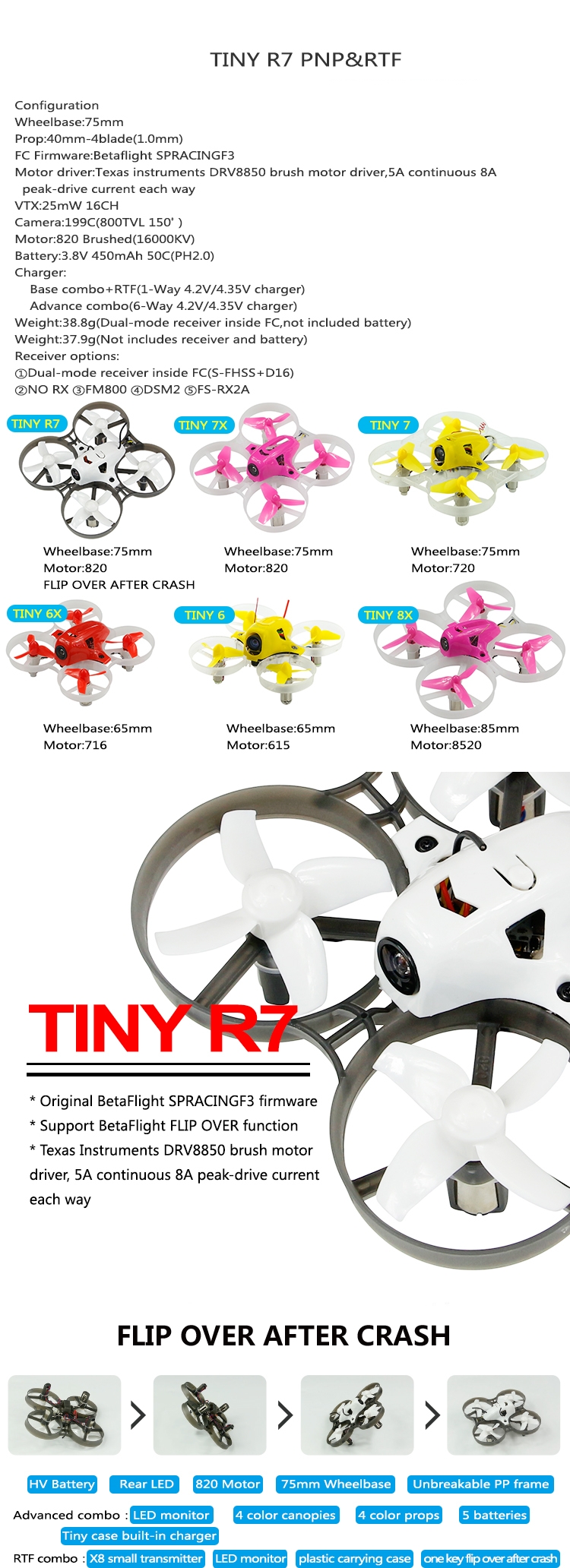 KINGKONG/LDARC TINY R7 75mm RC Quadcopter With 820 Motor 5.8G 800TVL Camera F3 Betaflight Flip Over