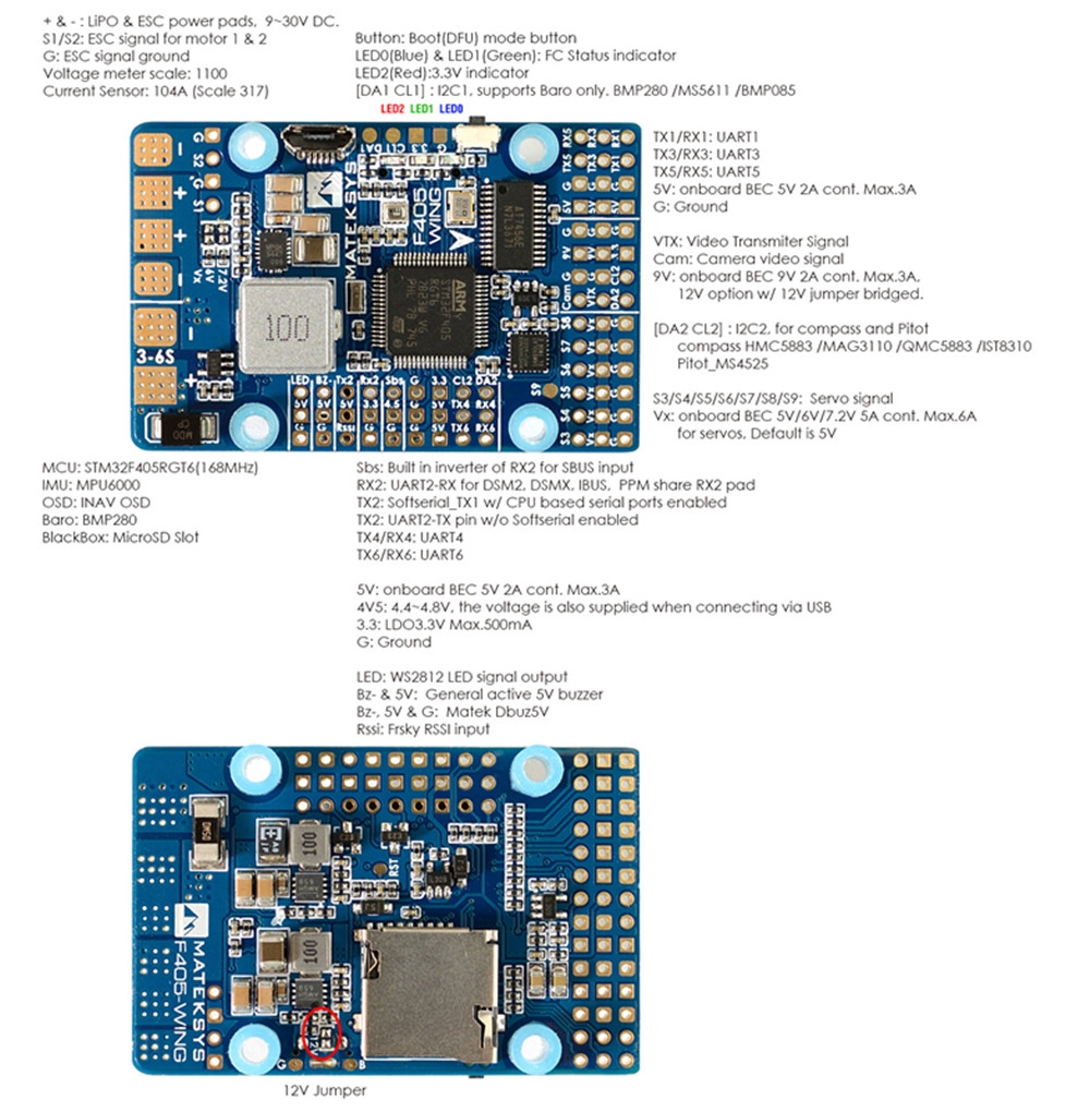 Matek Systems F405-WING (New) STM32F405 Flight Controller Built-in OSD for RC Airplane Fixed Wing