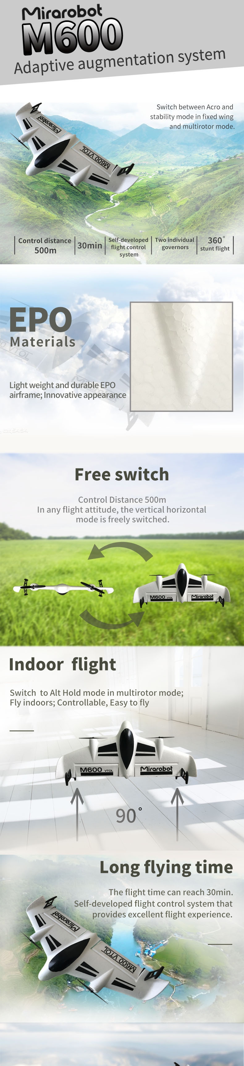 Mirarobot M600 600mm Wingspan Vertical Lift Flight VTOL EPO FPV Racer RC Airplane KIT