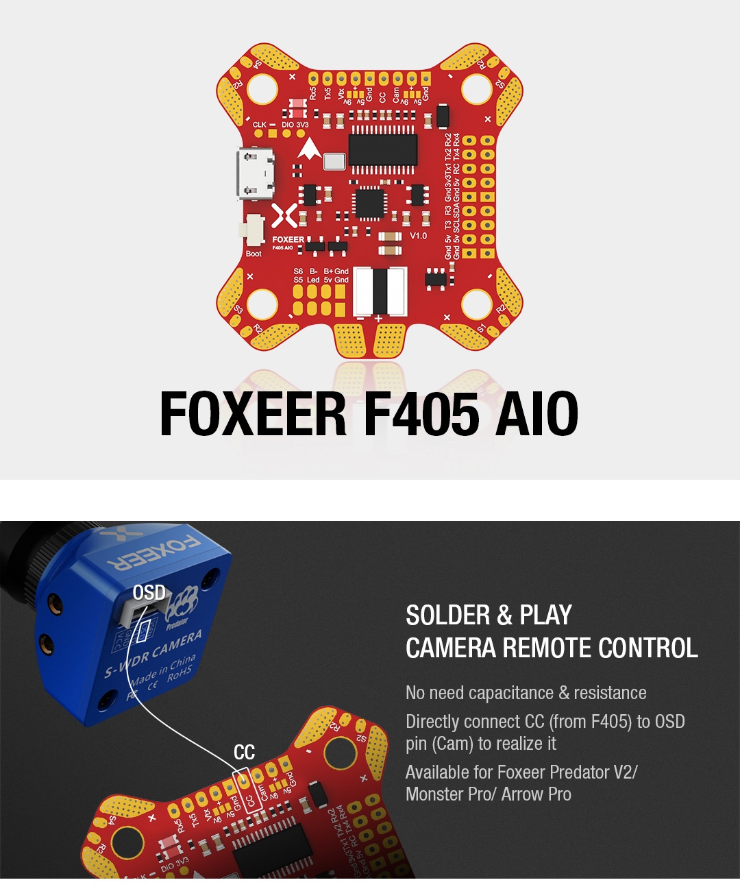 Foxeer F405 AIO Betaflight Flight Controller STM32 MPU6000 OSD Built-in 5V/2A BEC PDB Camera Control