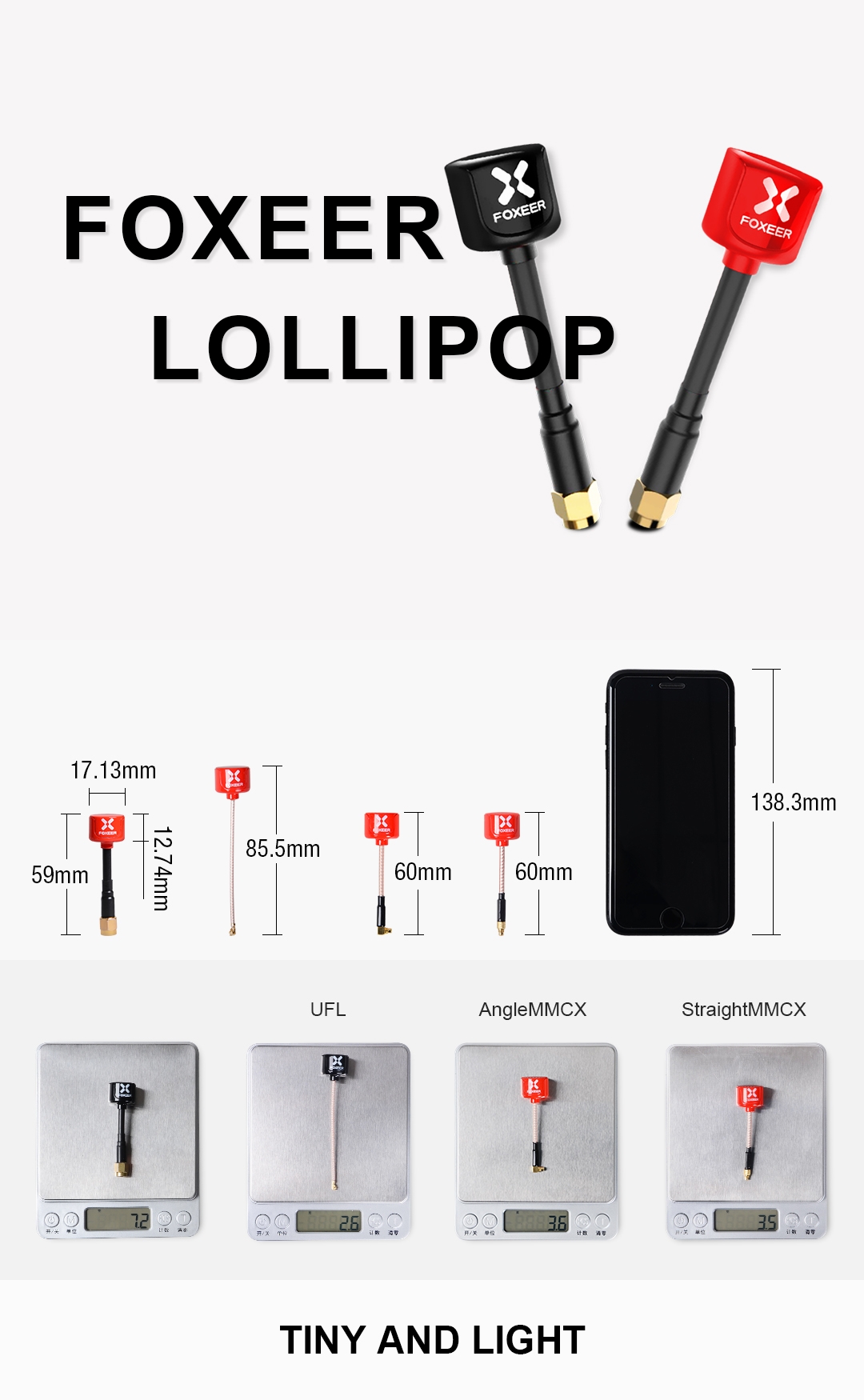 2pcs Foxeer Lollipop 85.5mm 5.8G 2.3dBi RHCP UFL Super Mini FPV Antenna Red/Black For RC Drone