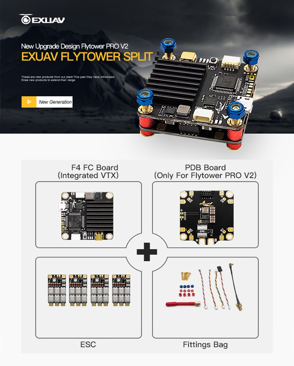 EXUAV Flytower F4 PRO V2 Flight Controller+PDB Built-in 5V/12V BEC+4* BLHeli_32 Dshot1200 70A ESC