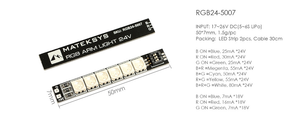 2PCS Mateksys RGB ARM 24V 50X7mm Light LED Strip Board for RC Drone FPV Racing