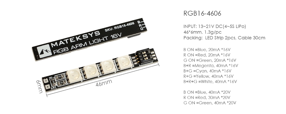 2PCS Mateksys RGB ARM 16V 46X6mm Light LED Strip Board for RC Drone FPV Racing