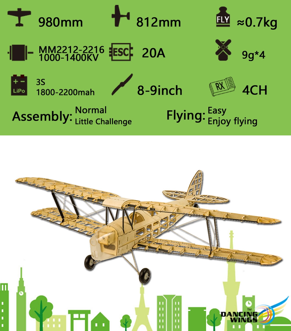 S19 Mini Tiger Moth 980mm Wingspan Balsa Wood RC Airplane DIY Kit With Motor