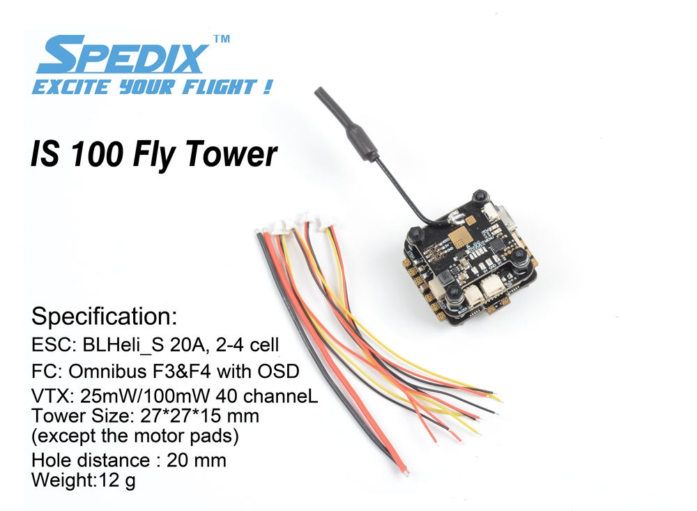 Spedix IS 100 Flytower Omnibus F4 Flight Controller OSD & BLHeli_S 20A ESC & 25mW / 100mW 40CH VTX