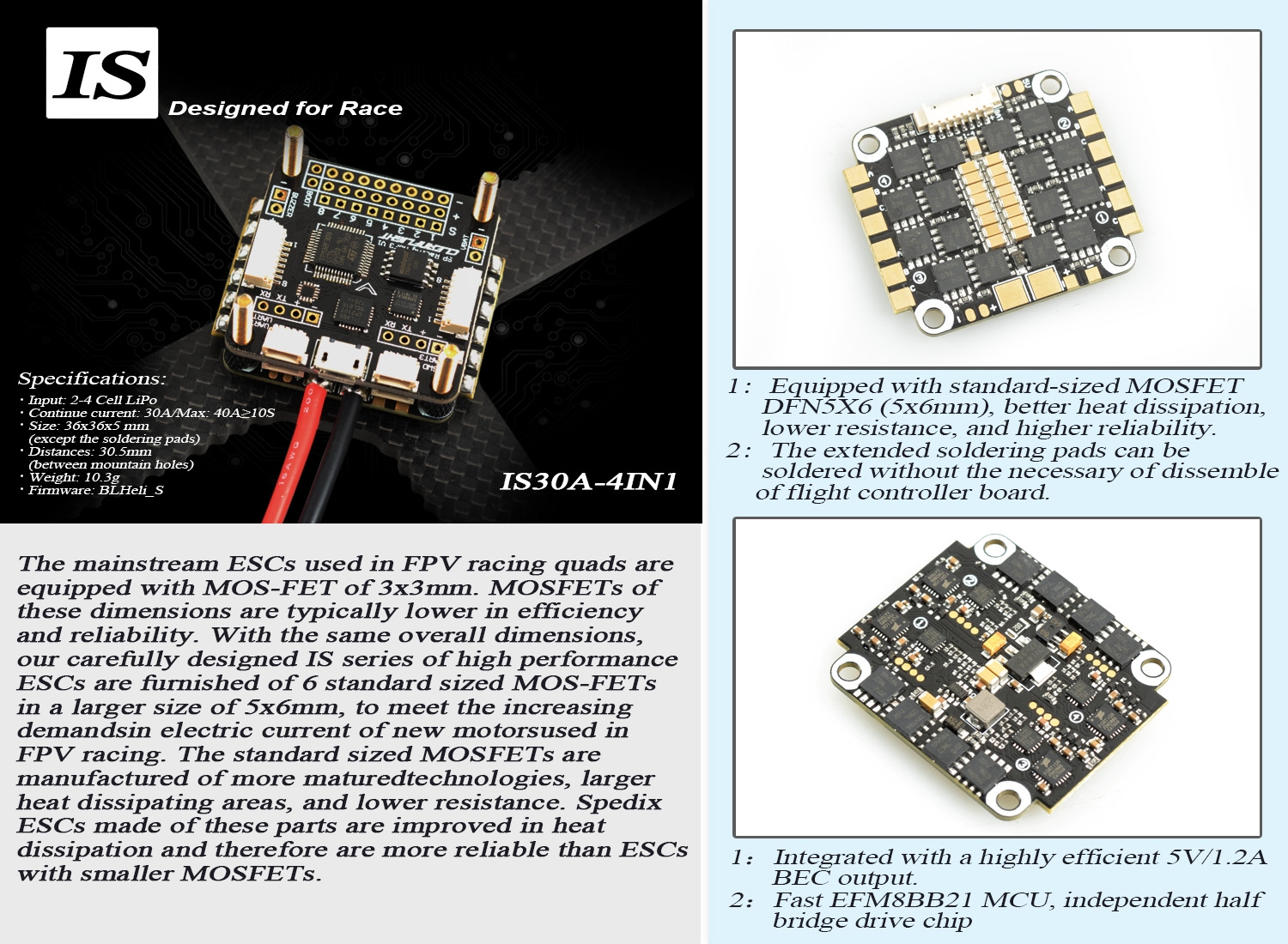 SPEDIX IS30 4 In1 30A 2-4S Blheli_S FPV Racing Brushless ESC for RC Drone 30.5x30.5mm