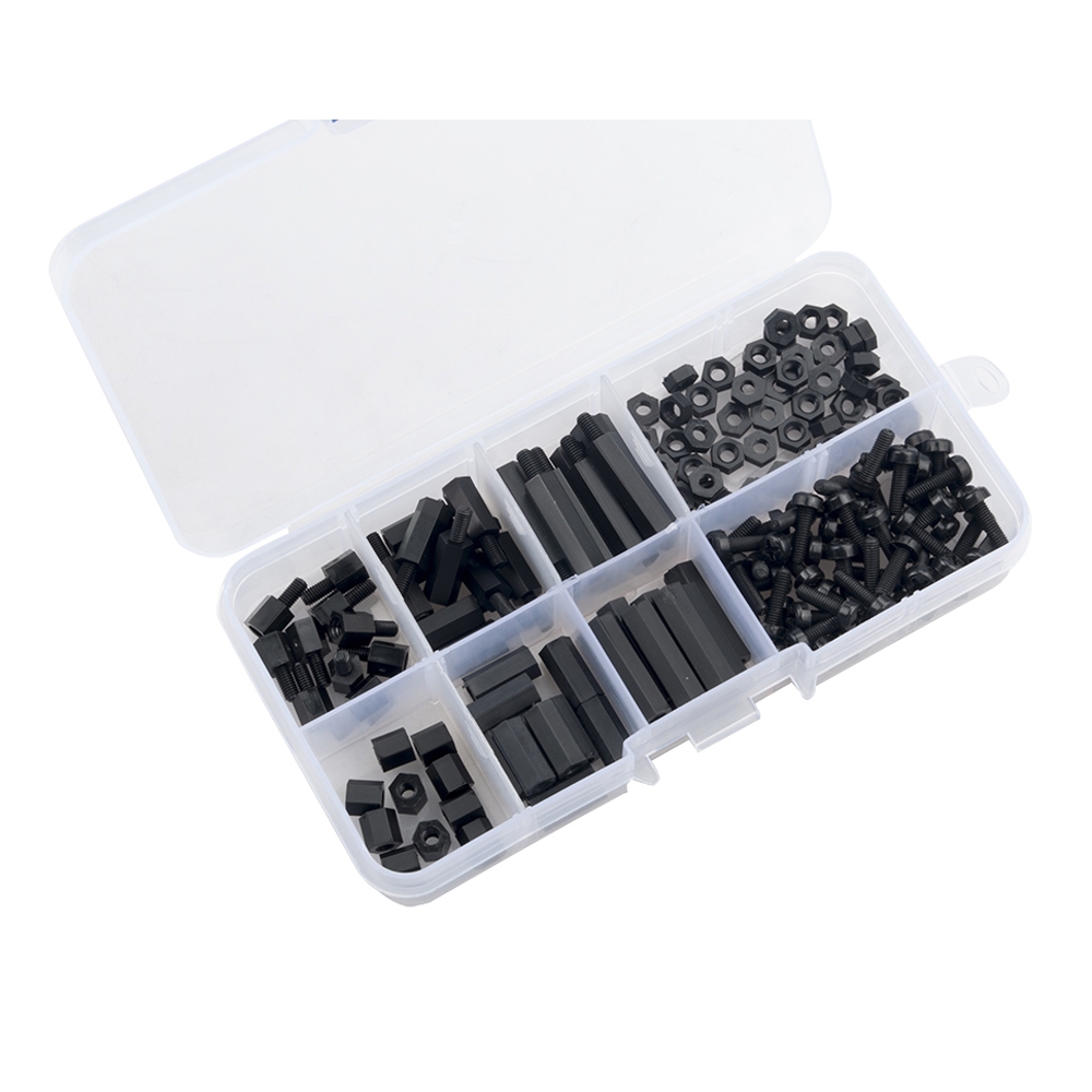 160 PCS RJXHOBBY M3 Nylon Black M-F Hex Spacers Screws Nut Assortment Kit Stand off Set Box