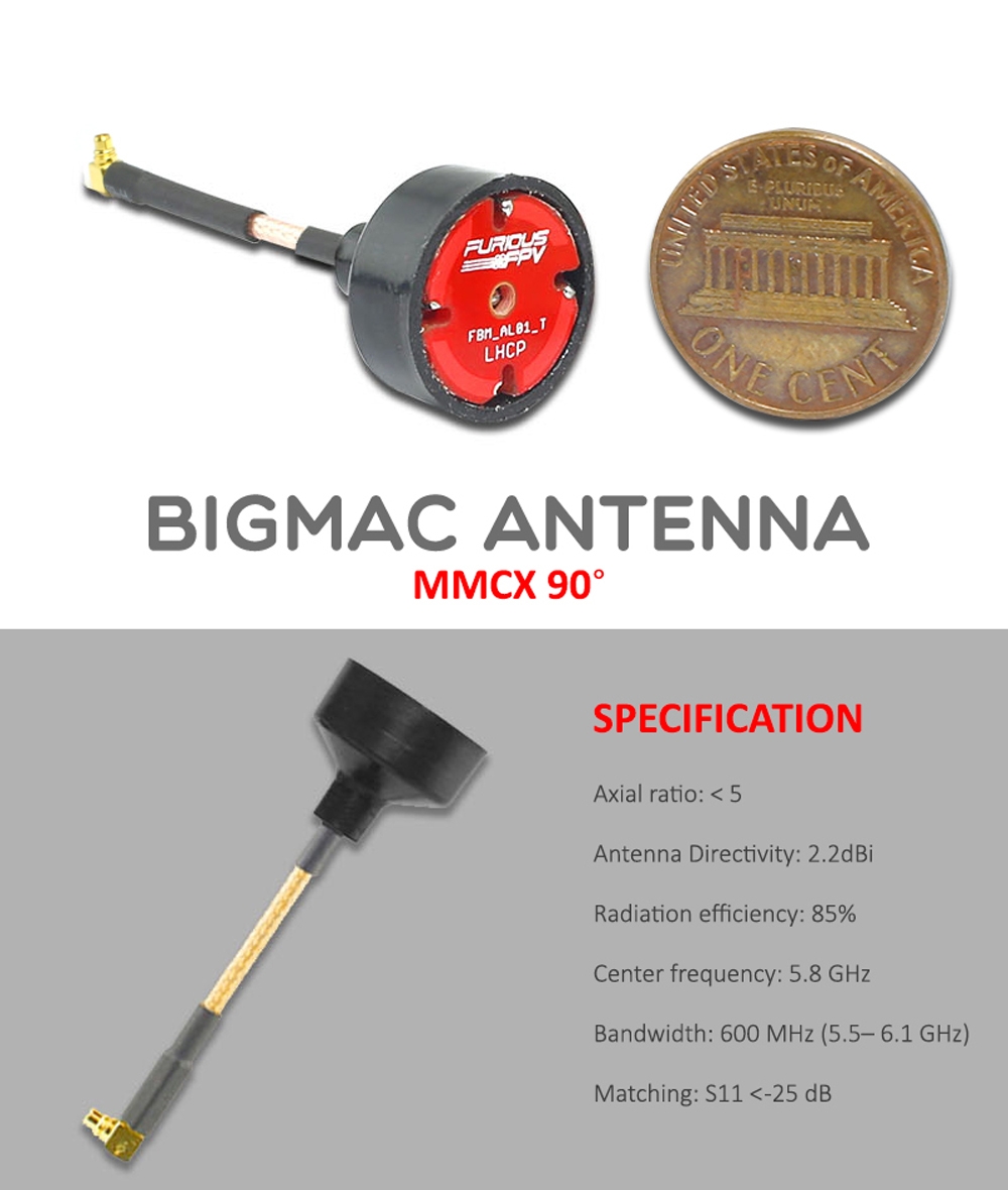 FuriousFPV 5.8G 2.2dBi BigMac Antenna MMCX 90 Degree - LHCP Black 2 Pieces for RC Drone