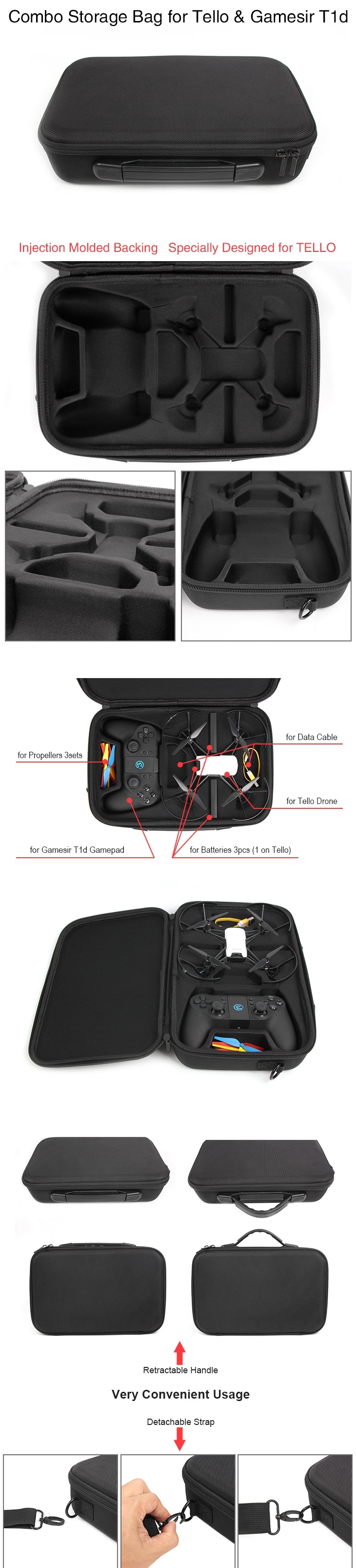 Handbag Storage Shoulder Bag Carrying Case for DJI Ryze Tello & Gamesir T1d Remote Controller