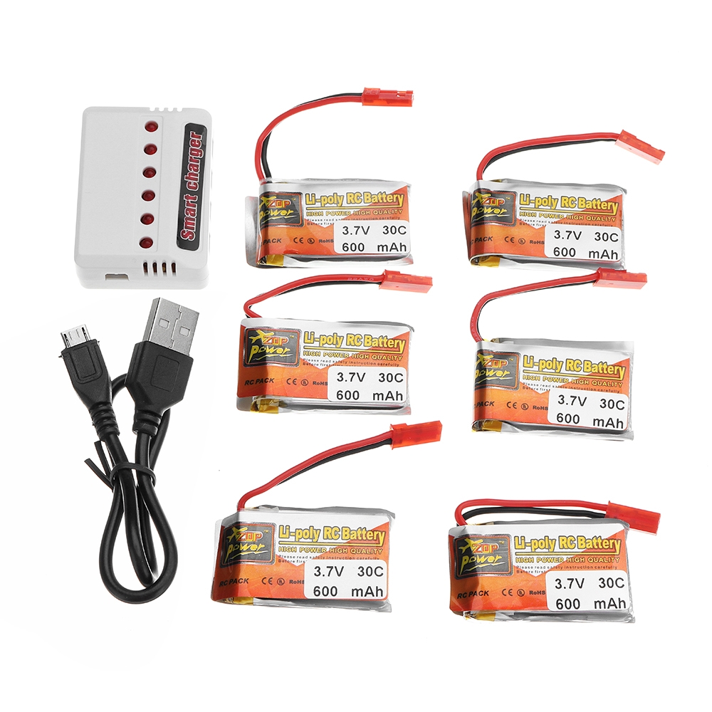6PCS ZOP POWER 3.7V 600mAh 30C 1S Lipo Battery JST Plug With Charger For RC Models