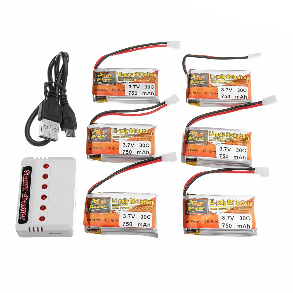 6PCS ZOP POWER 3.7V 750mAh 30C 1S Lipo Battery JST Plug With Charger For RC Models